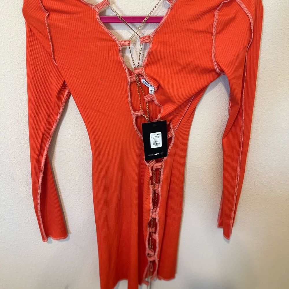 Fashion Nova Orange Fitted Cut-Out Dress gold rope